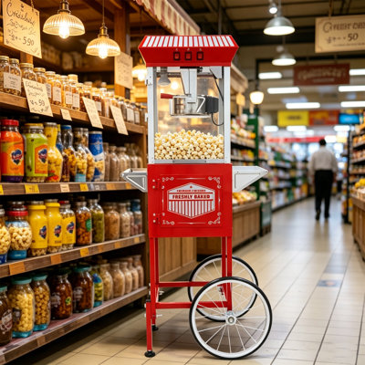 8oz Movie Theater Popcorn Machine with Wheeled Cart, Stainless Steel Popcorn Kettle, Heated Warming Serving Deck, Built-in Old Maids Kernel Drawer, Vintage Commercial Popcorn Popper, Black