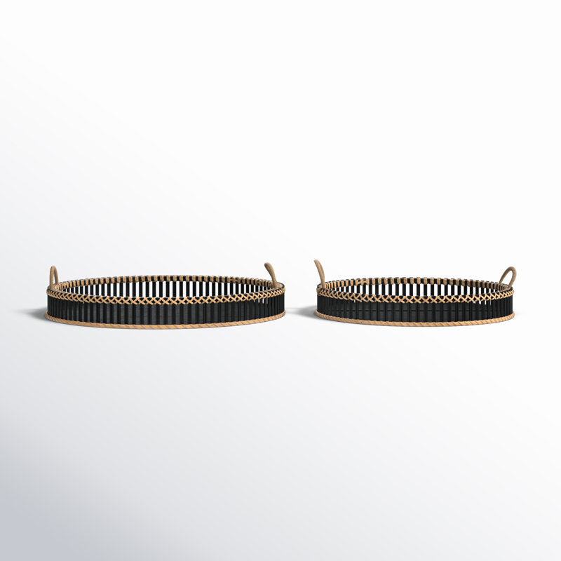 Sagebrook Home Ardian Coastal Large Set of 2 Round Bamboo Serving Trays 24/30", Black