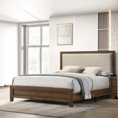 Brown Cherry Finish Fabric Upholstered Headboard Tufted Nailhead Trim 1pc Queen Size Panel Bed Beautiful Wooden Bedroom Furniture