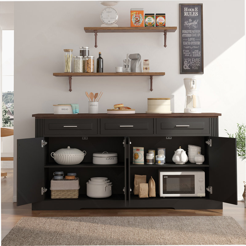 63" Fluted Sideboard Buffet Cabinet With Storage, Modern Coffee Bar Station With 4 Doors And 3 Drawers, Wood Kitchen Storage Console Table For Living Room Dining Room Entryway, Black