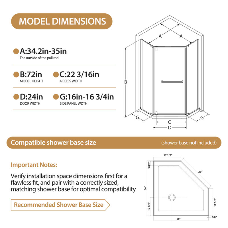 36"D X 36"W X 72"H Neo-Angle Shower Door, Corner Shower Door, 1/4" Tempered Glass With Frosted Ultra-Clear Nano-Coated, Black Stainless Steel Frame