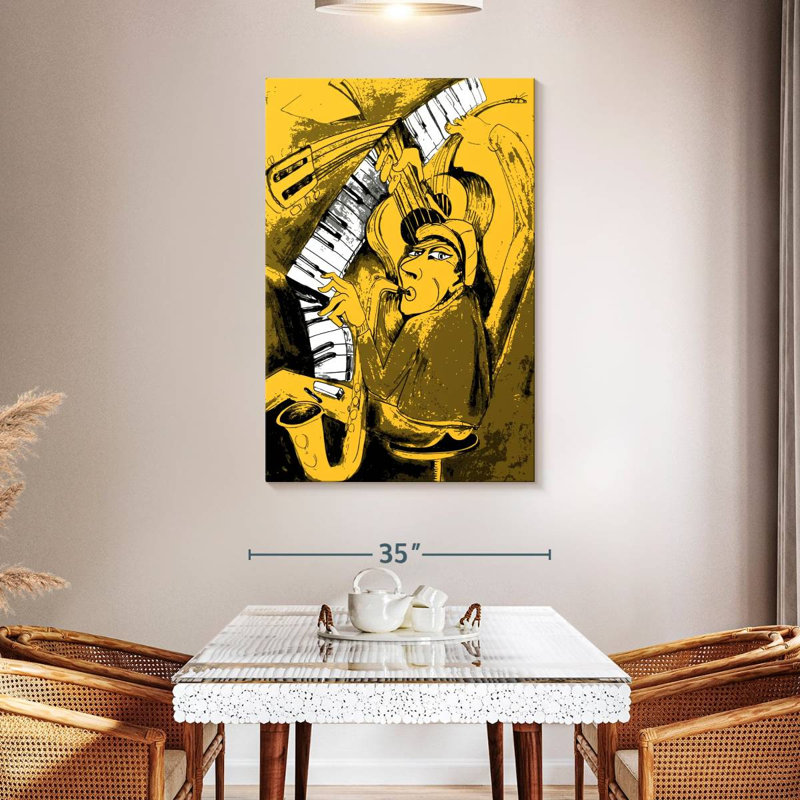 Caricature de musicien de jazz Abarca, H 48 po x l 32 po