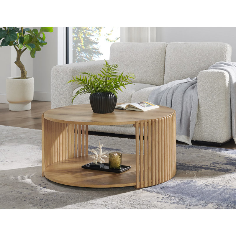Estie Round Wood Slatted Coffee Table With Open Shelf