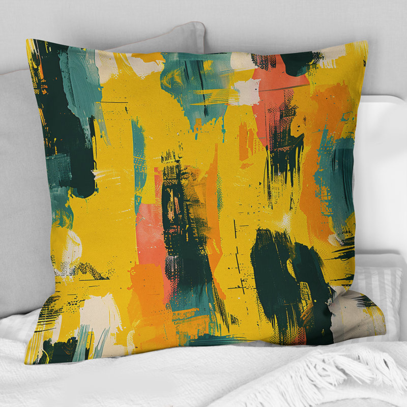 Jaune, vert, coups de pinceau - coussin décoratif moderne, H 16 po x l 16 po