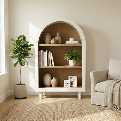 Armoire vitrée arquée moderne 24 po, tablette de rangement ouverte avec panneau arrière en grain de bois pour le salon, la salle à manger et le vestibule