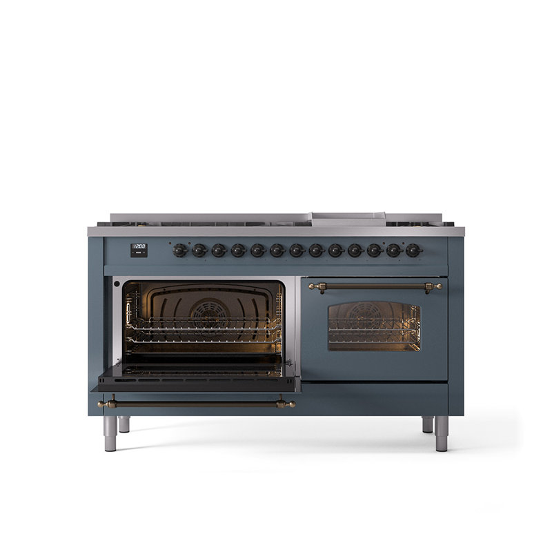 ILVE Nostalgie II 60 Dual Fuel Range, 9 Burners, Griddle, Natural Gas, Blue/Gray/Bronze