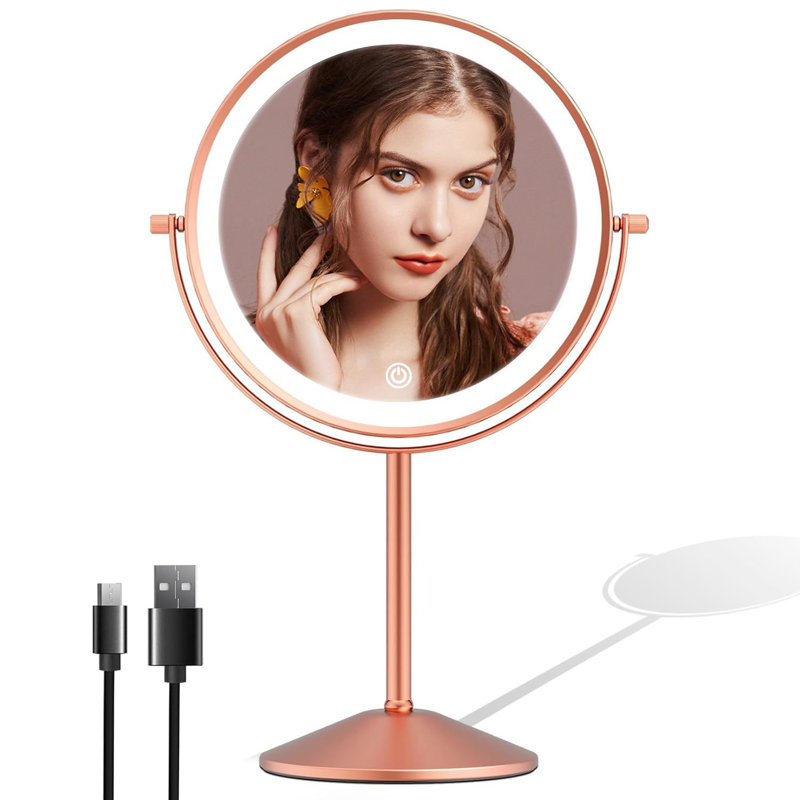 Malsky Modern Metal Round 10X Magnifying Rechargeable LED Lighted Vanity Makeup Mirror, Rose Gold