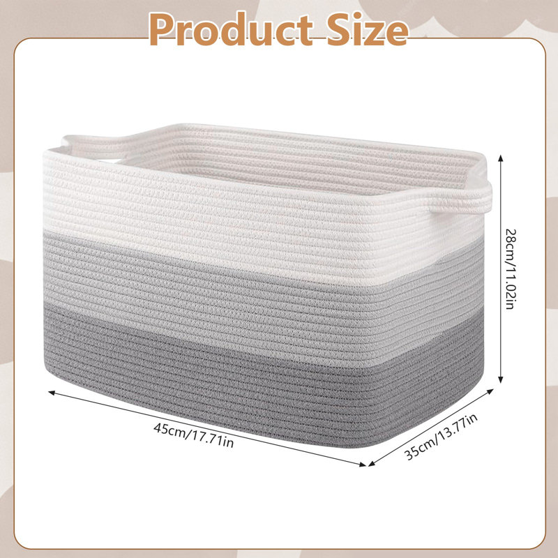 Grand panier de rangement en corde de coton tissé avec poignées pour organiser les jouets, Gris