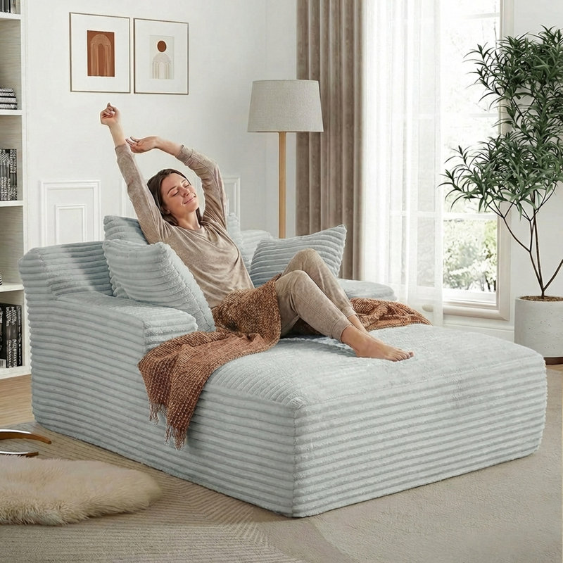 Boneless Oversized Chaise Lounge Chair Indoor, Modern 50-inch Upholstered Corduroy Deep Seat Sofa Bed with 3 Throw Pillows and Armrests, Sleeper Sofa Couch for Living Room, Bedroom Apartment