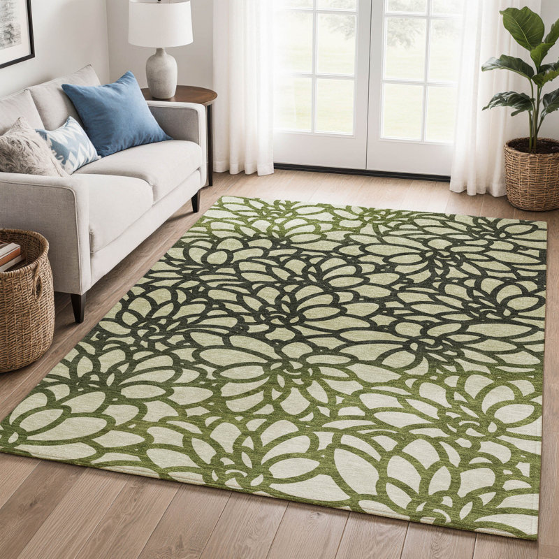 Premium Machine Washable Mayfield AMF2412 Floral Rug, Aloe, 5' x 7'6"