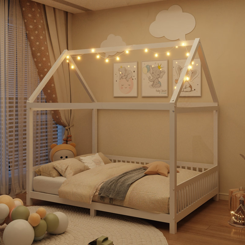 Wood House Bed with Guardrail and LED, Full