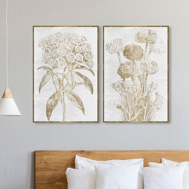 Sketch Border Floral Set Traditional Gold/Gray - 2 Piece Wrapped Canvas Painting Set, 24" H x 36" W