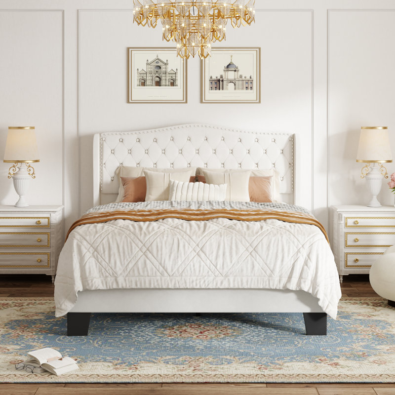 Upholstered Platform Bed Frame with Tufted Nailhead Trim Wingback Headboard, Beige, Queen