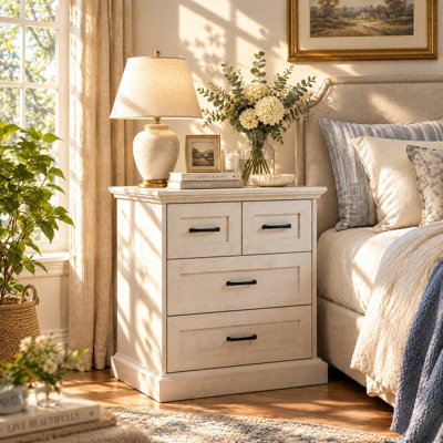 Table de chevet à 4 tiroirs de 60 cm de large, grand coffre de rangement avec finition imitation bois pour la chambre, le salon et l'organisation de la maison