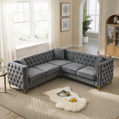 82.2-Inch Velvet Corner Sofa , L-Shaped Sectional Couch, 5-Seater Corner Sofas with 3 Cushions for Living Room, Bedroom, Apartment, Office