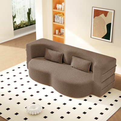 Modern Floor Sofa With 2 Pillows,Convertible Sherpa Fleece Fabric Foam-Filled Sleeper Sofa Bed,15" Twin Size Folding Mattress For Living Room,Guest Bed,Playroom,No Assembly Required