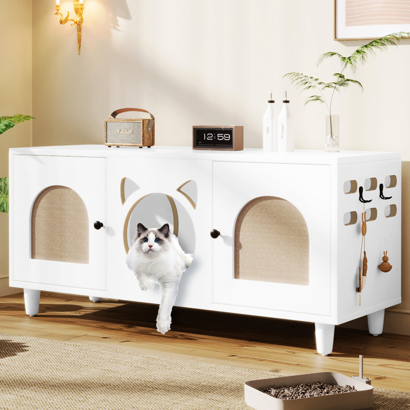 Armoire moderne pour chat en blanc crème avec plateau à griffes et crochets de rangement