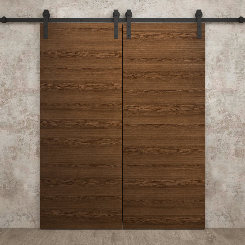 Porte de grange double moderne | Ego 5000 | Ensemble de rails | Portes intérieures solides, Chêne cognac, 72 po x 84 po