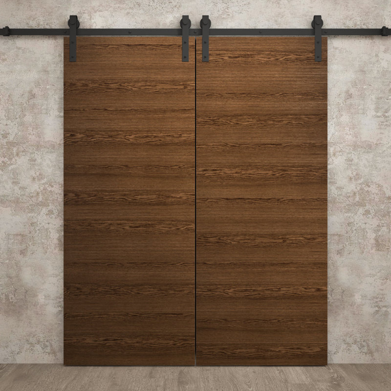 Porte de grange double moderne | Ego 5000 | Ensemble de rails | Portes intérieures solides, Chêne cognac, 72 po x 96 po