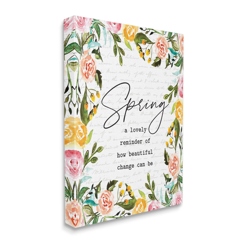 «Cheerful Spring», typographie citation florale, encadrement noir, estampe numérique texturée par lettrage et doublure
