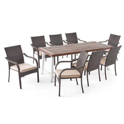 8 - Person Acacia Wicker Patio Dining Set with Rectangular Table , Cushions Included