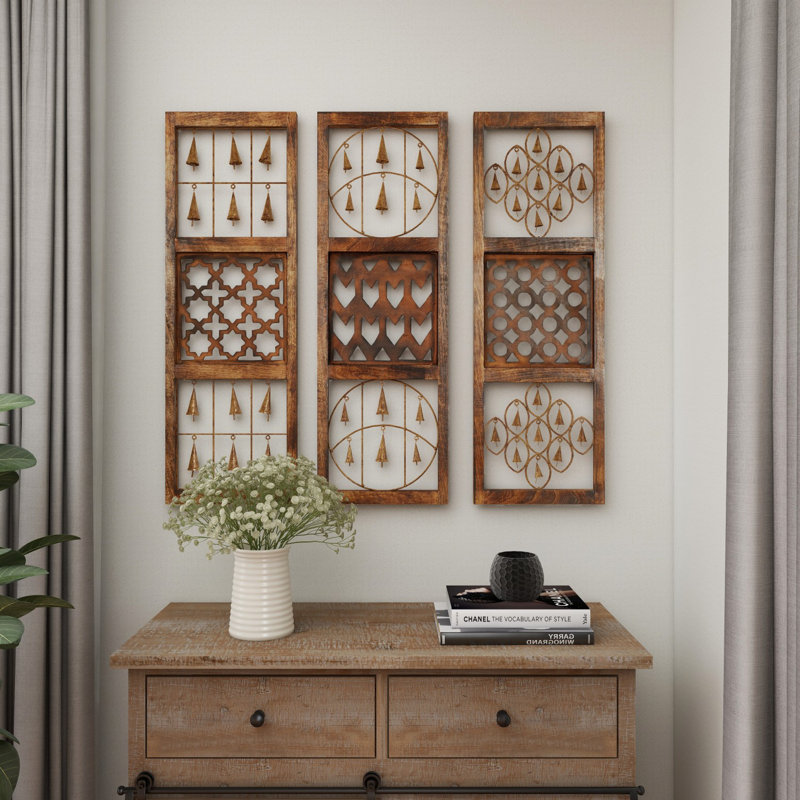 Brown Wood and Metal Bell Wall Decor Set of Three