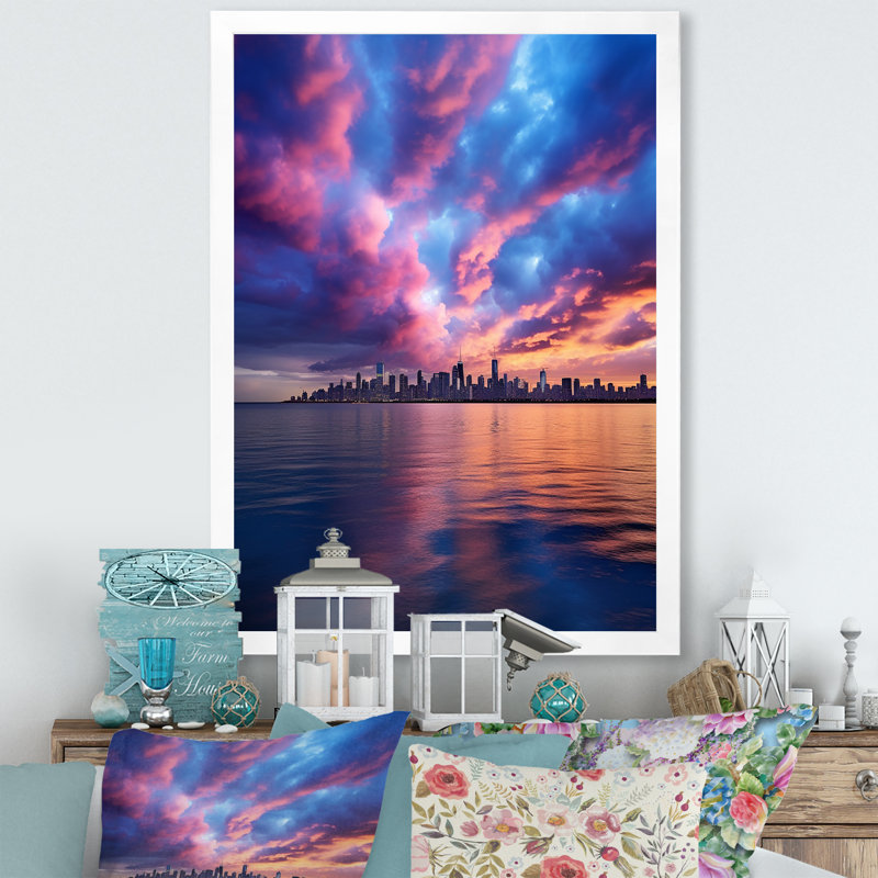 Bolan, bleu, rose, sskyline, symphonie I - impression, H 32 po x l 24 po x P 1 po, Cadre photo blanc