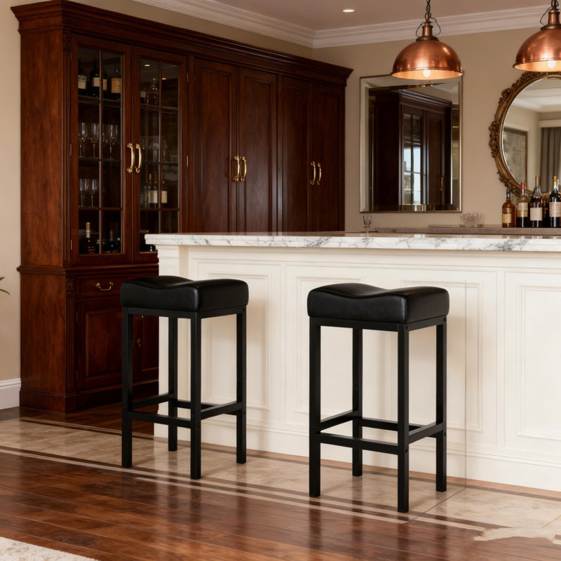 Bar Stools Set Of 2, 24 Inch Backless Counter Height Bar Stools With Soft Leather Seat, 400 Lb Heavy Duty Padded Saddle Barstool Chair For Modern Kitchen Island Counter