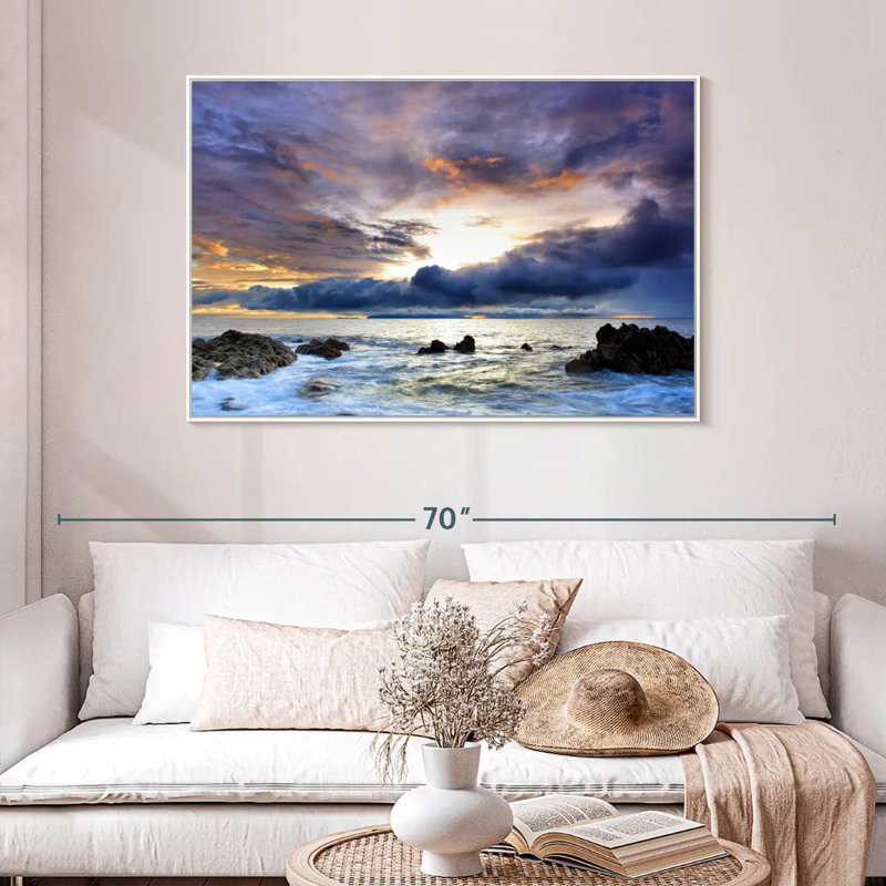 Tempête à Cannon Beach, 46 po x 31 po, Cadre flottant blanc