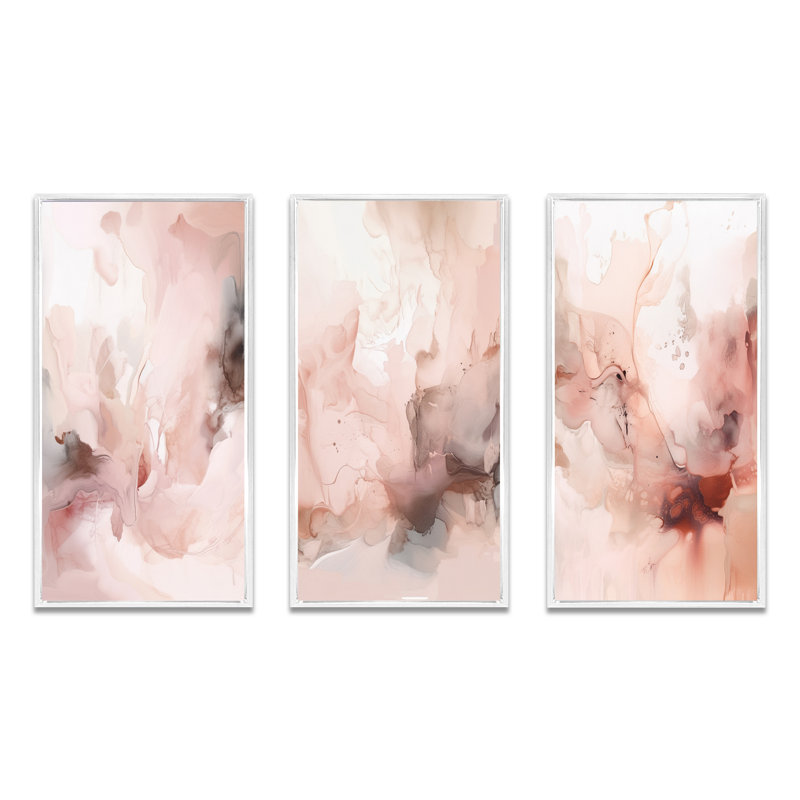 3 pièces sur toile - marbre délicat abstrait rose, H 40 po x l 60 po, Cadre flottant blanc