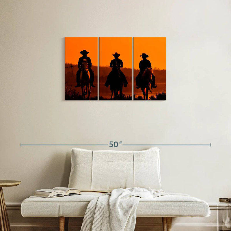 Cowboys Lelar au coucher du soleil, H 20 po x l 33 po