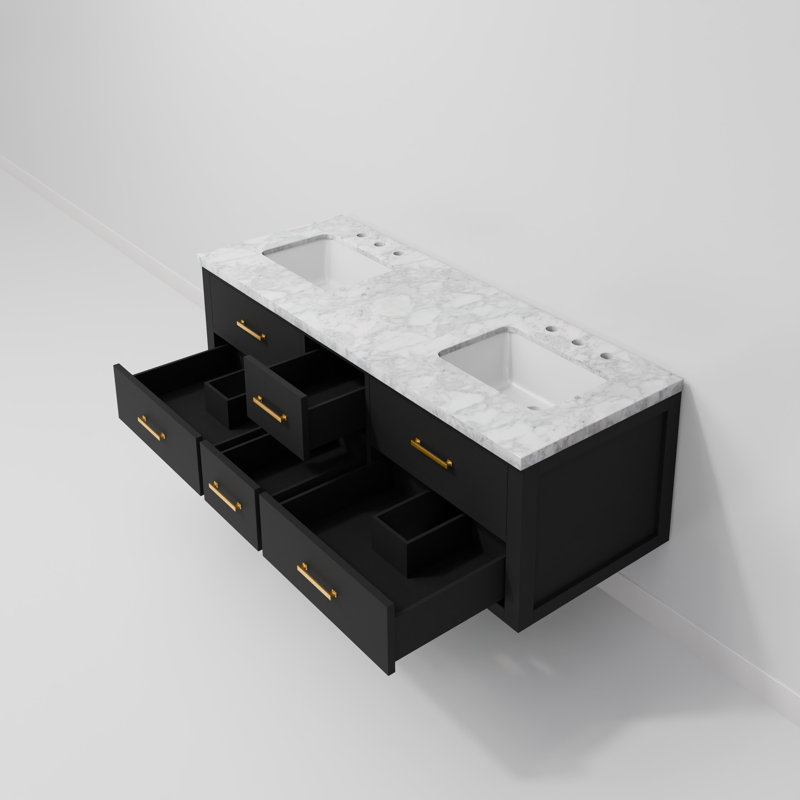60" Wall-Mounted Double Bathroom Vanity Set, White Carrara Marble, Black
