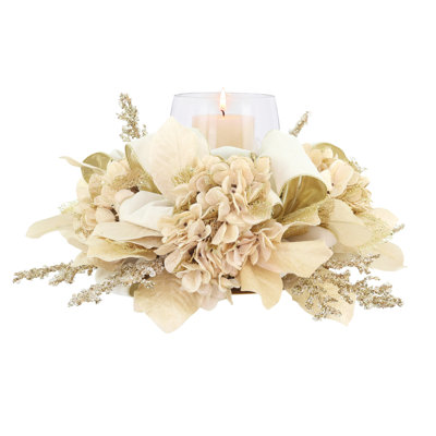 Holiday Candleholder with Hydrangeas and Leaves