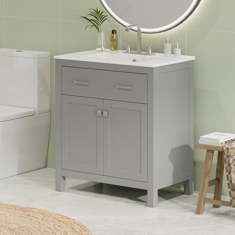 Meuble-lavabo 30 po avec lavabo en céramique, Gris, Argent argent