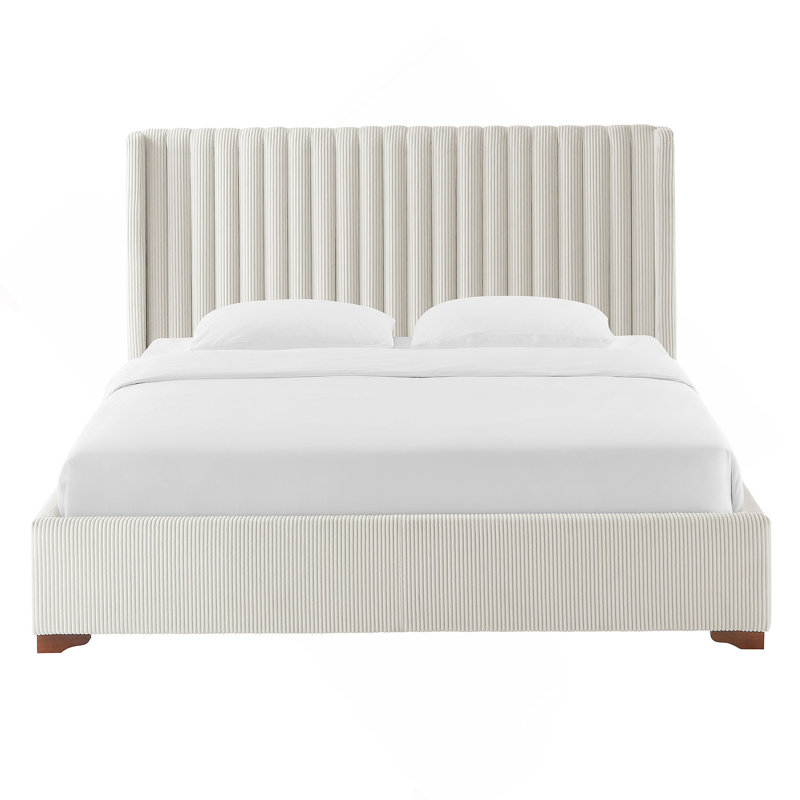 Modern Upholstered Platform Bed With Corduroy Wing Headboard, White, King