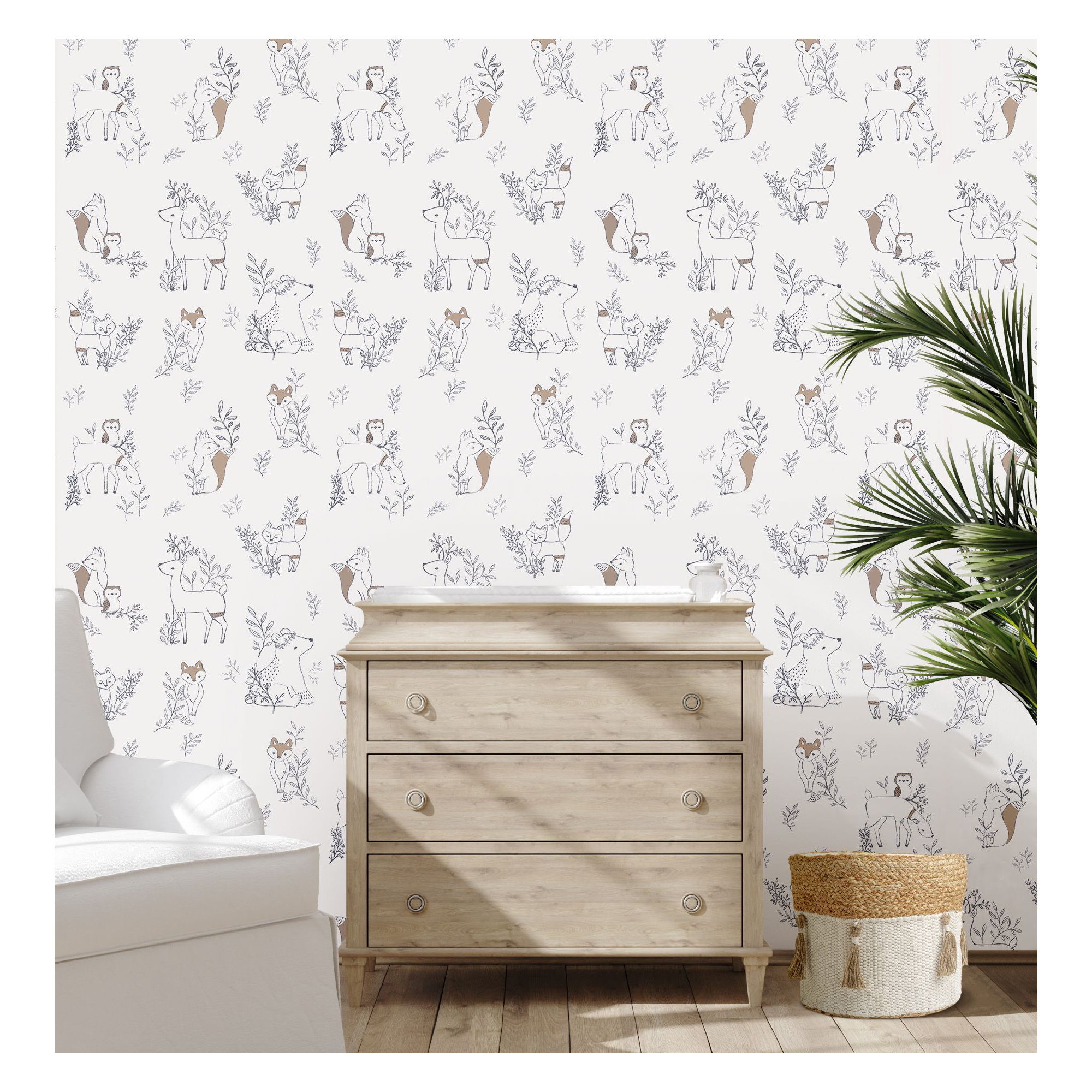 Gardenia Woodland Animal Nursery Wallpaper, Traditional Application
