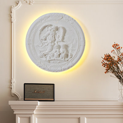 Flush Mount Led Wall Sconce Round Carved Angel Plaster Wall Lamp For Living Room