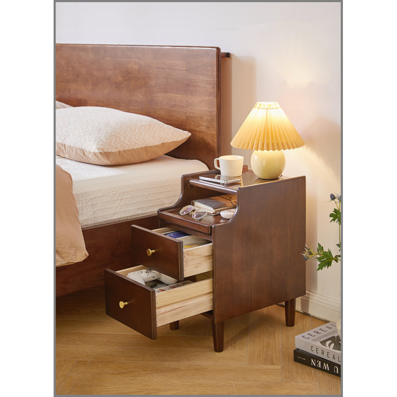 Solid Wood Nightstand with Two Drawers and Pull-out Panel Storage Bedside Table and Sofa Side Table