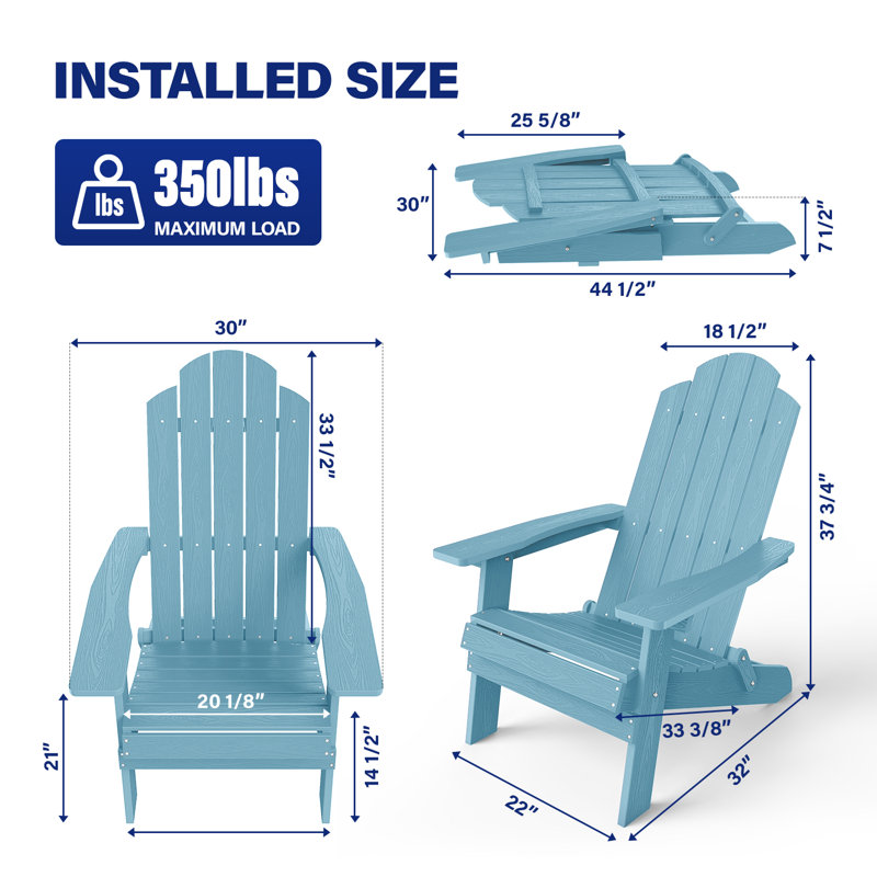 Chaise Adirondack pliante en plastique toutes saisons pour l'extérieur, Bleu