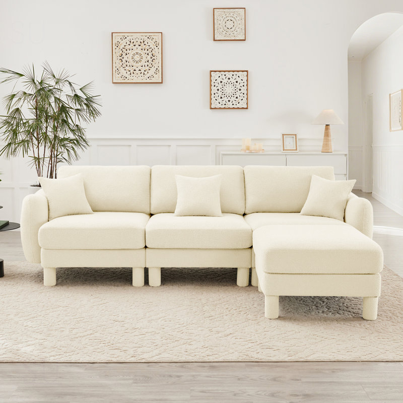 Boucle Fabric Convertible L Shape Sectional Sofa With Shell-Shaped Armrests, Removable Ottoman, And Self-Fabric Wrapped Legs