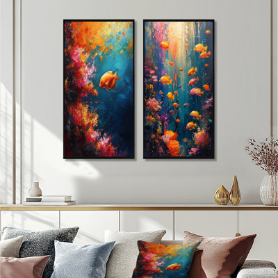Blue Orange Coral Marine Fish Life I - Coral Wall Art 2 Pieces Set