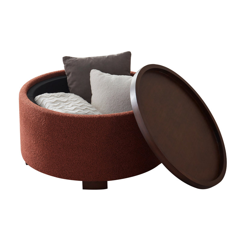 Caysey 30.1" W Upholstered Round Storage Ottoman with Wooden Tray, Orange