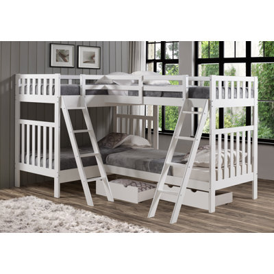 Lit superposé simple en bois Ratcliff avec extension quad, tiroirs de rangement et lits séparés convertibles, pin brésilien durable, conforme aux normes de sécurité, idéal pour les enfants et les adolescents