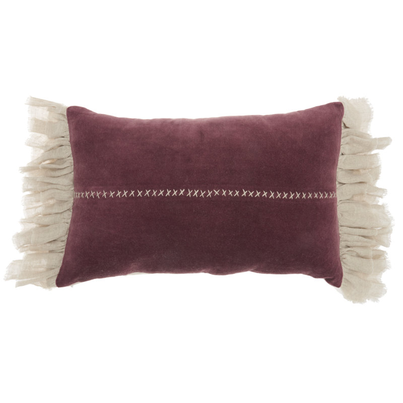 Ruffled Cotton Blend Throw Pillow, Burgundy