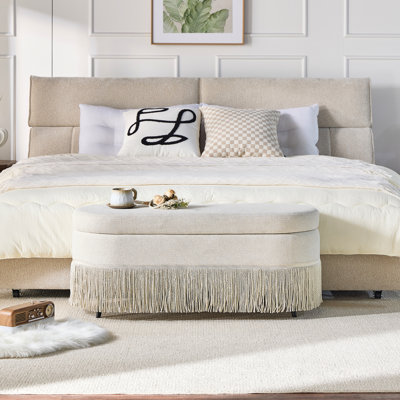 Rangement rembourré ovale en tissu beige avec bordure à franges, L 39 po x l 16 po H 17 po, multifonctionnel pour couverture de chambre à coucher, soirée cinéma