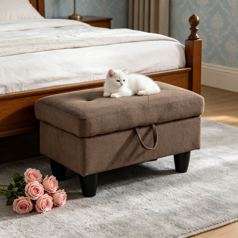 28.5" Wide Rectangular Lift-Top Storage Ottoman, Solid Color Upholstered Footrest  , Brown Velvet