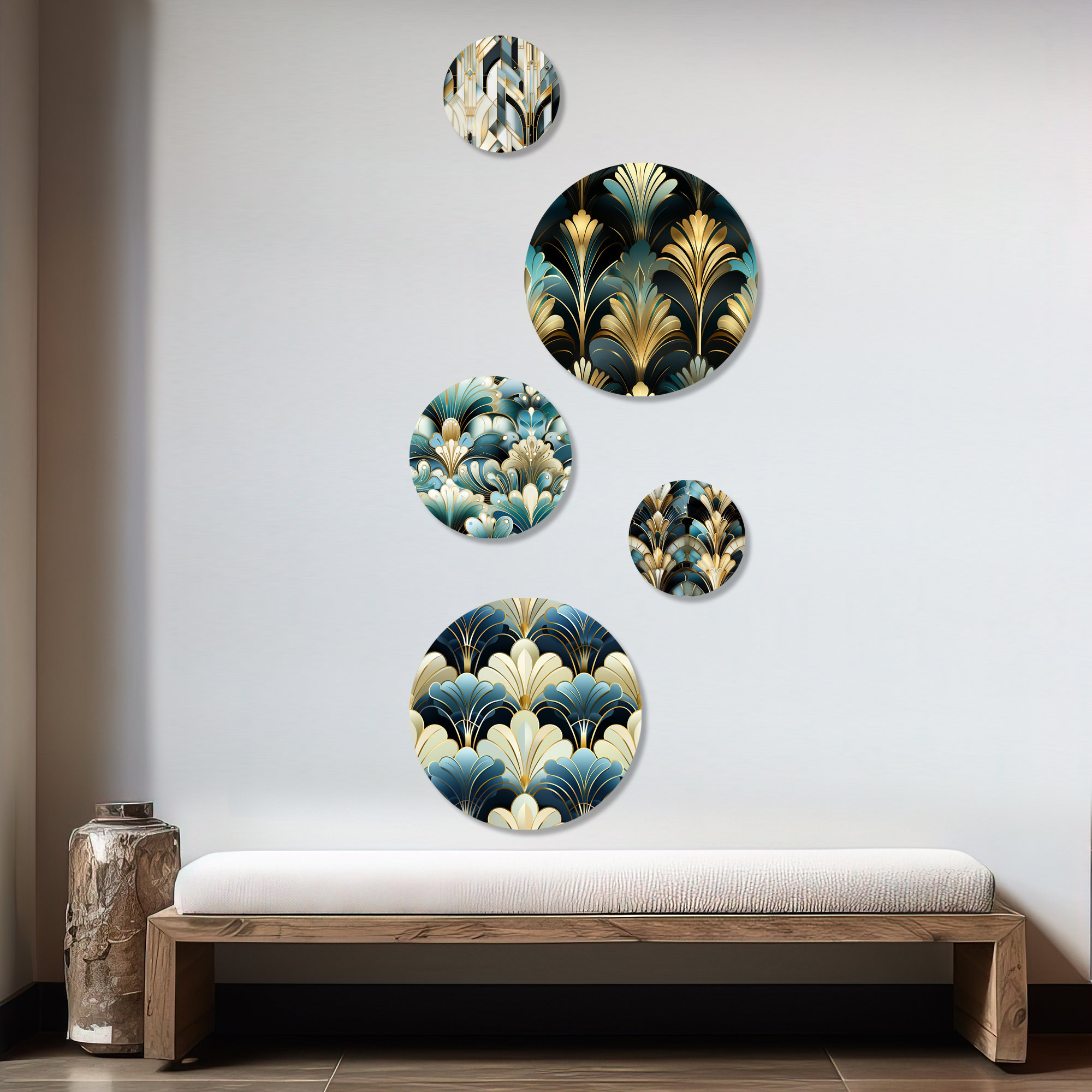 Design Art 1970S Blue And Beige Damask Art Deco Damask Bohemian Round