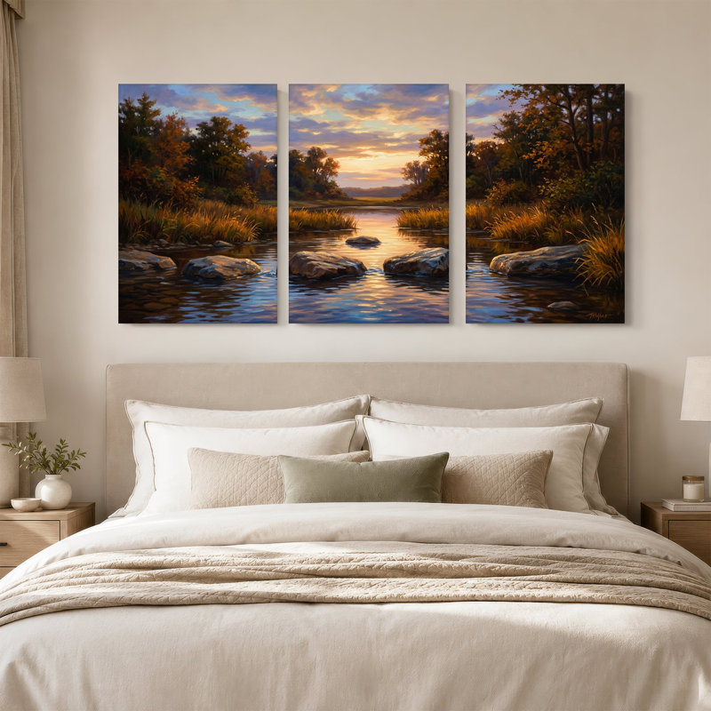«Rocky River with Autumn Trees and Sunset Sky», ensemble de 3 toiles murales, H 30 po x l 20 po x 3 pièces