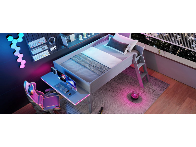 Lit mezzanine en bois avec bureau et DEL, gris, Lit simple