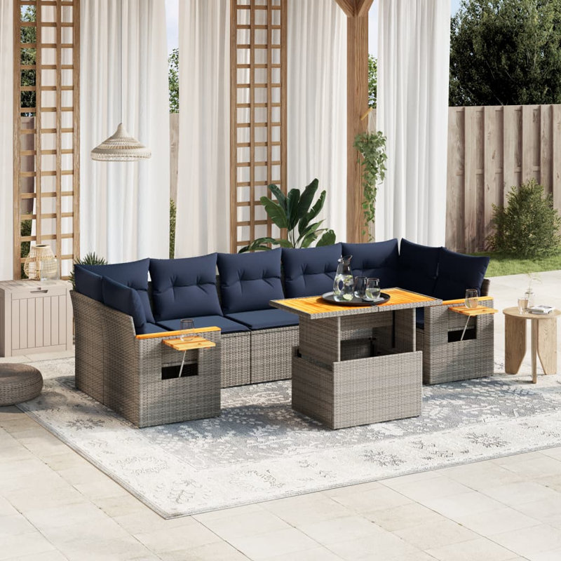  Ensemble de canapé de patio 8 pièces avec coussins en rotin de polyester, Gris, Bleu